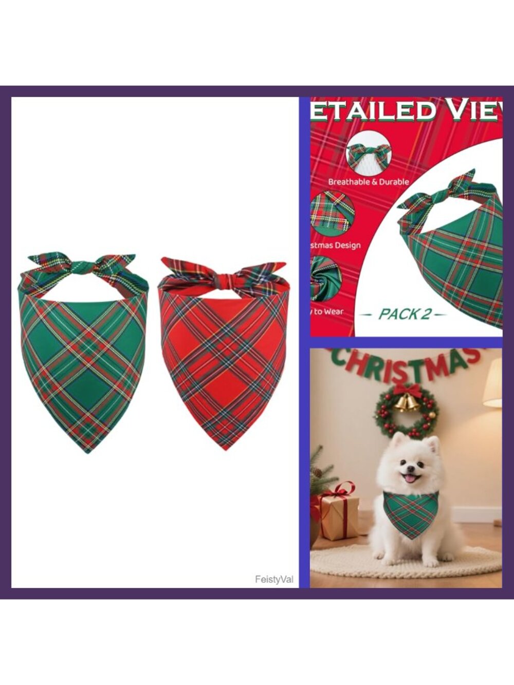 2Pk Christmas Dog Bandanas Polyester Adjustable Holiday Scarf XS Pet